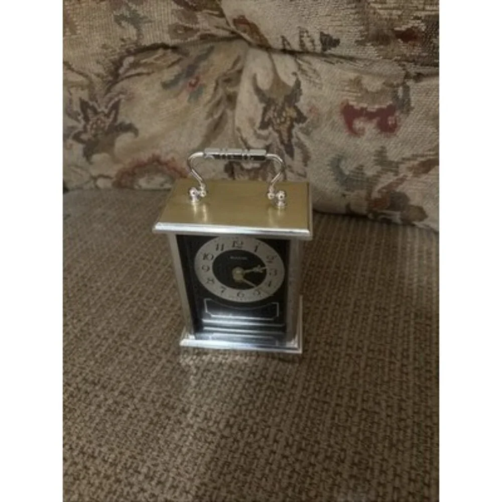 Bulova Quartz Carriage Clock Gold Tone Running AA Battery Black Face West German - Picture 7 of 7